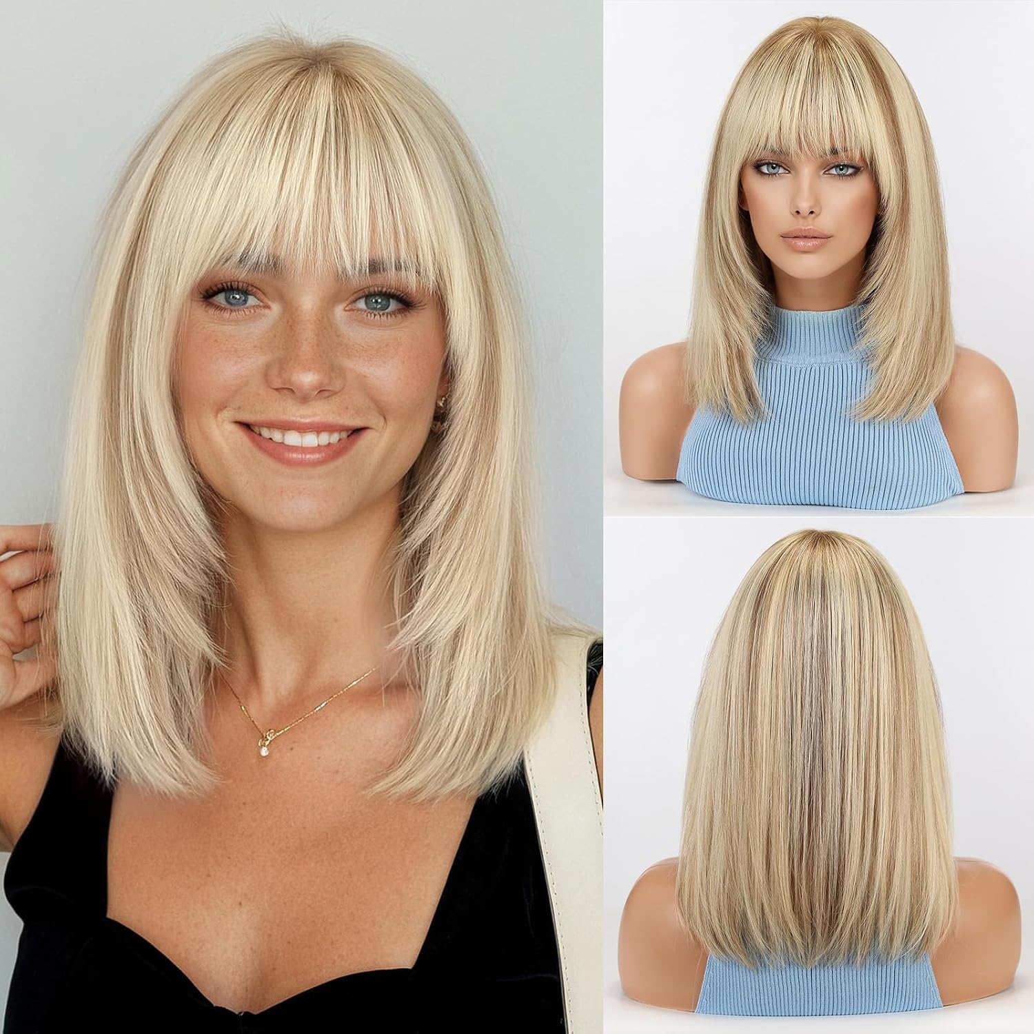 RSY 14 Inch Ombre Blonde Mixed Light Brown Straight and Layered Real Human Hair Wigs for Women with Bangs