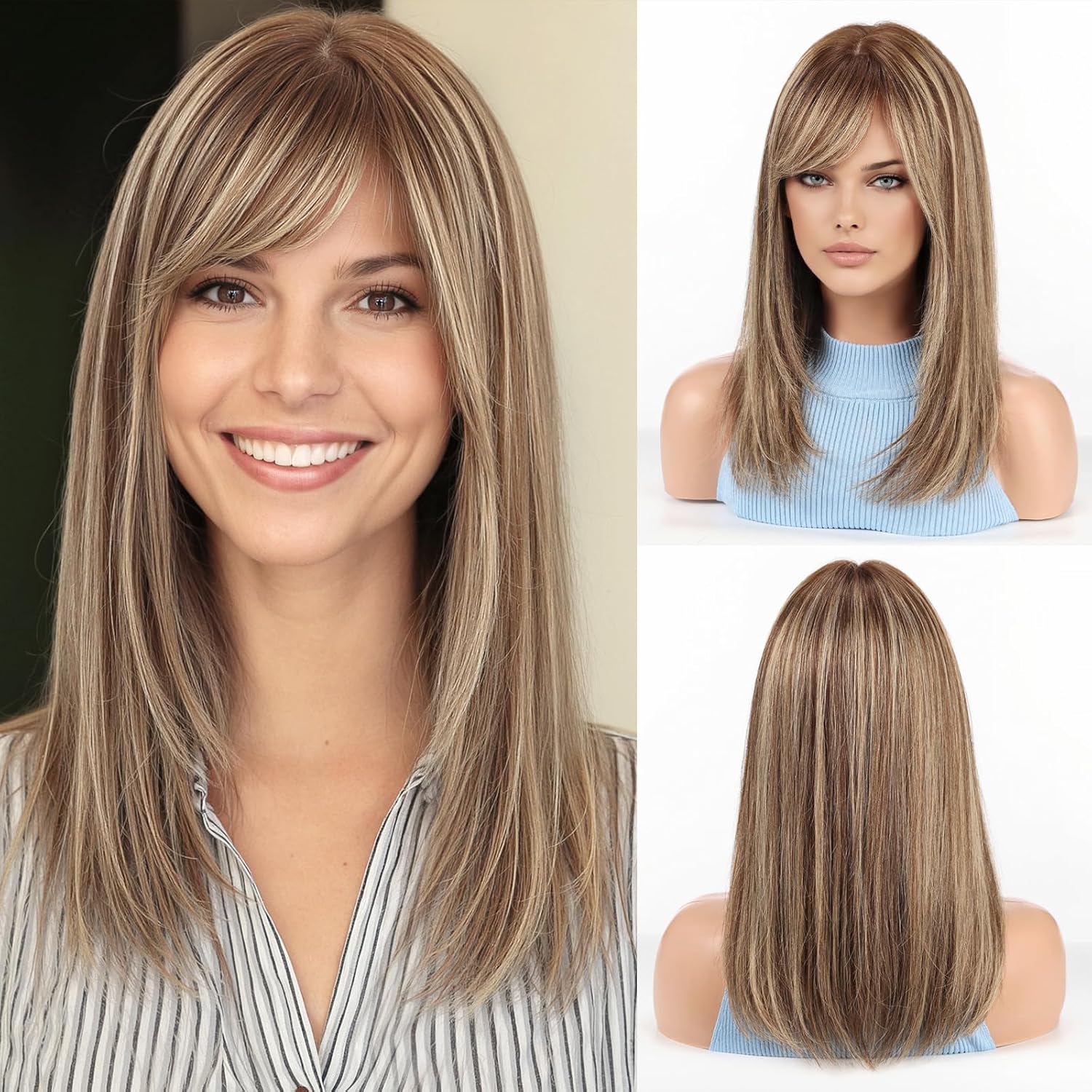 RSY Ombre Brown Mixed Blonde Straight Human Hair Wigs for Women